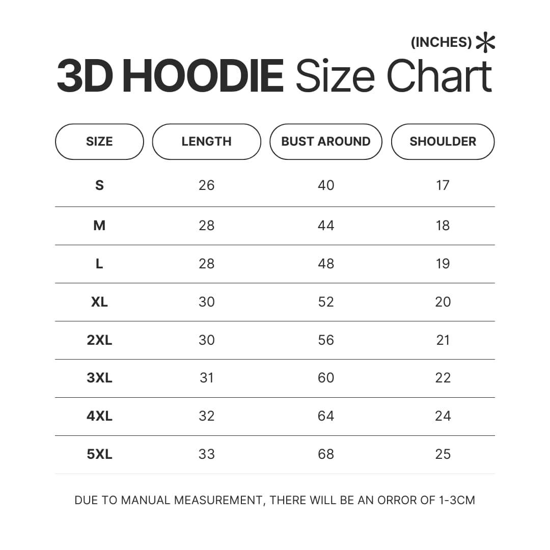 3D Hoodie Size Chart - Black Clover Shop